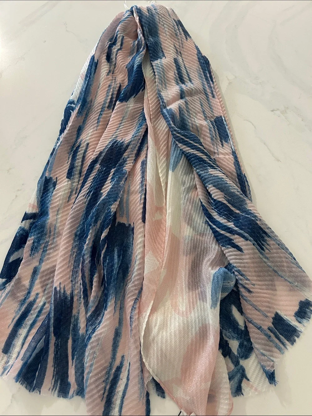 Jessica McClintock Pink and Navy Abstract Print Pleated Scarf
